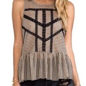 Free People Tops | Black & Toasted Almond Lace Striped Sheer Peplum Top | XS